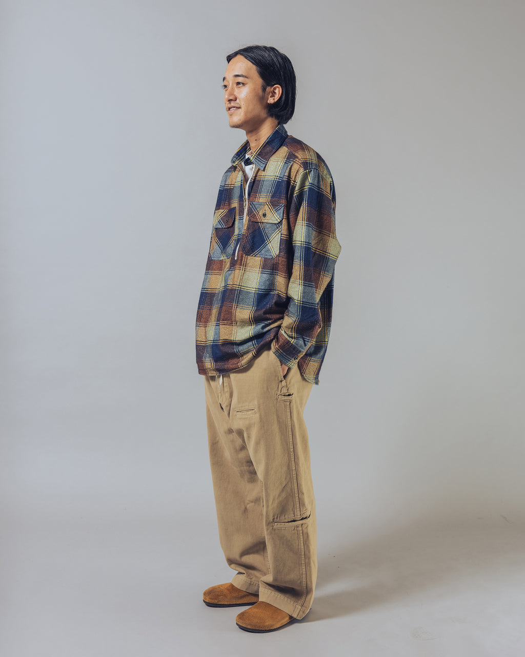 Flannel Half-Zip Shirt / Dylan (Navy×Brown)