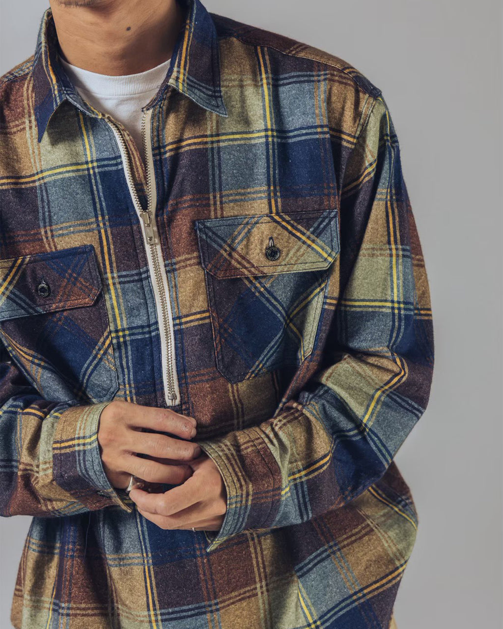 Flannel Half-Zip Shirt / Dylan (Navy×Brown)