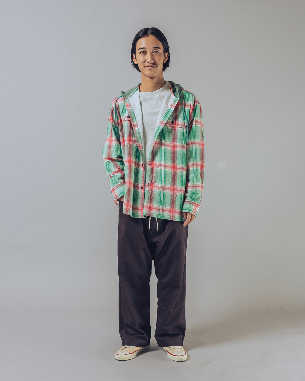 Flannel Hooded Shirt / Springsteen (Green×Red)