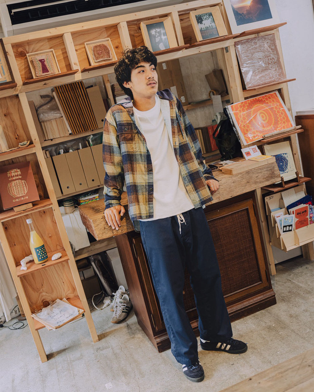 Flannel Hooded Shirt / Springsteen (Navy×Brown)