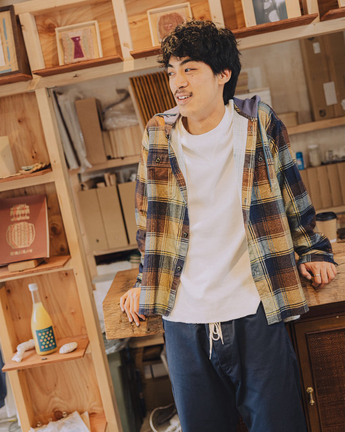 Flannel Hooded Shirt / Springsteen (Navy×Brown)