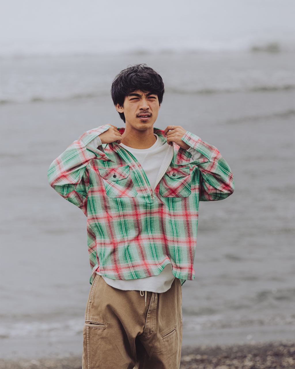Flannel Half-Zip Shirt / Dylan (Green×Red)