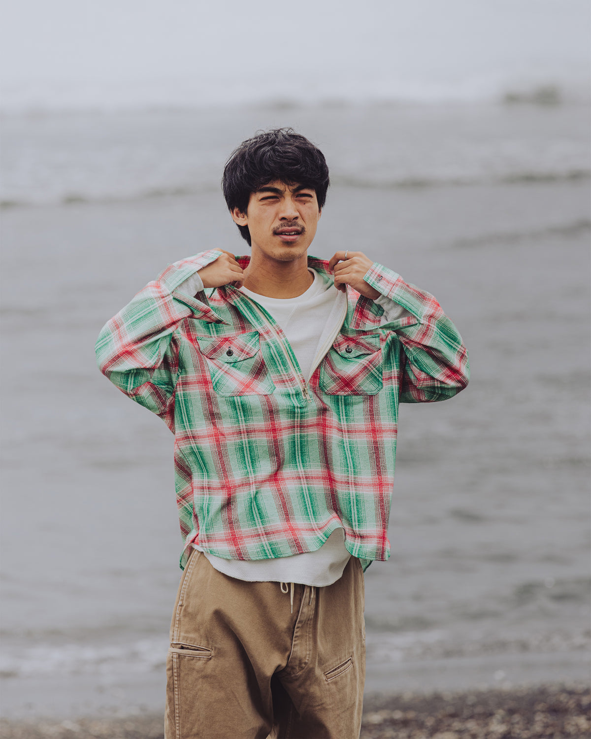 Flannel Half-Zip Shirt / Dylan (Green×Red)