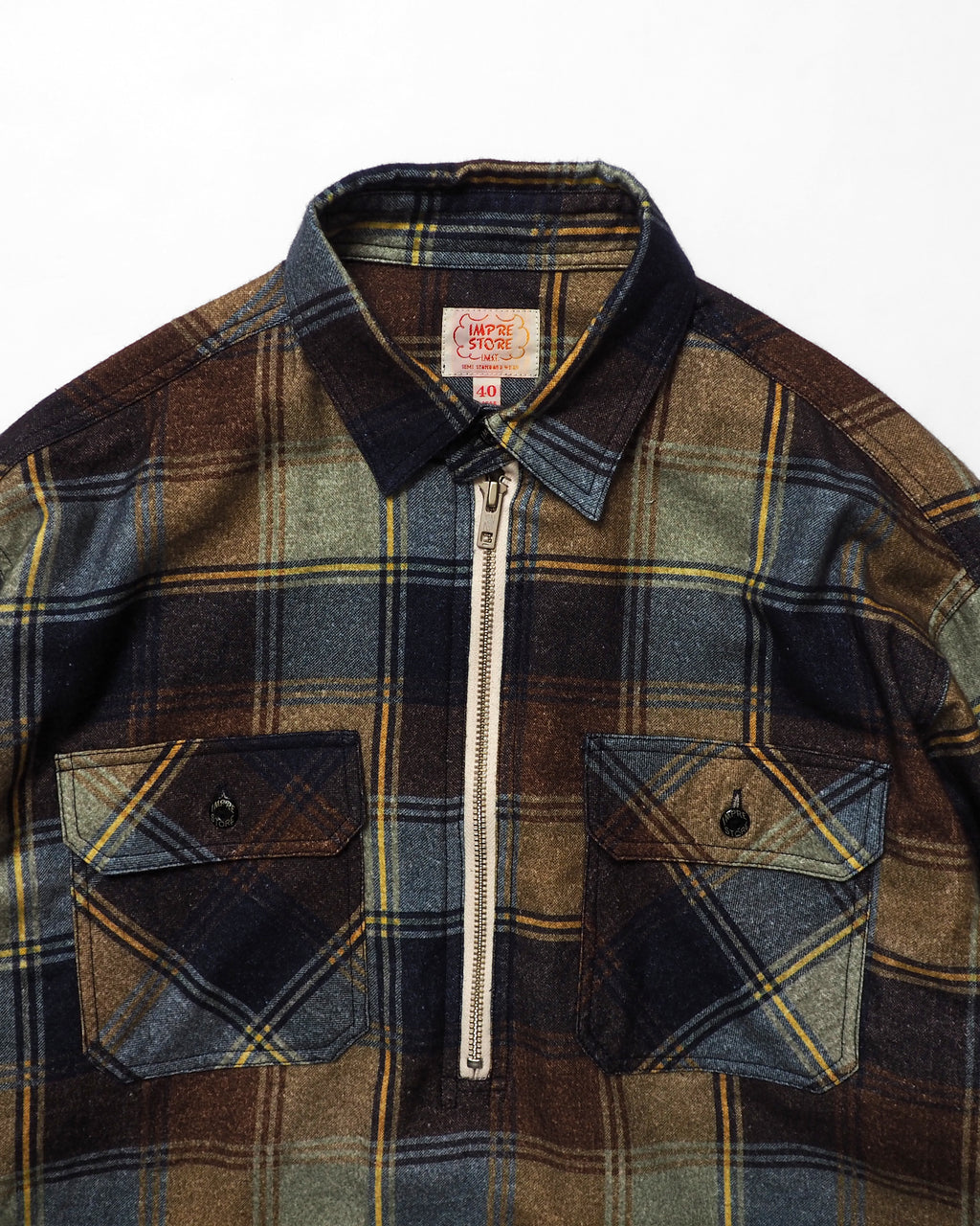 Flannel Half-Zip Shirt / Dylan (Navy×Brown)