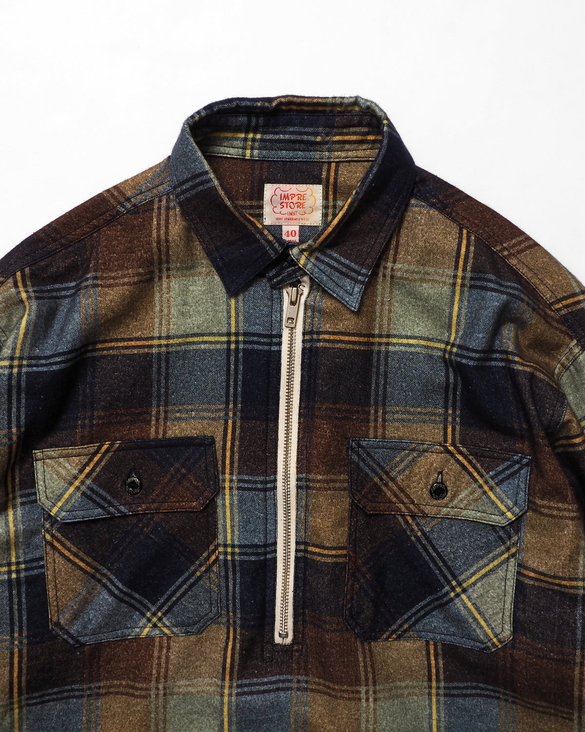 Flannel Half-Zip Shirt / Dylan (Navy×Brown)